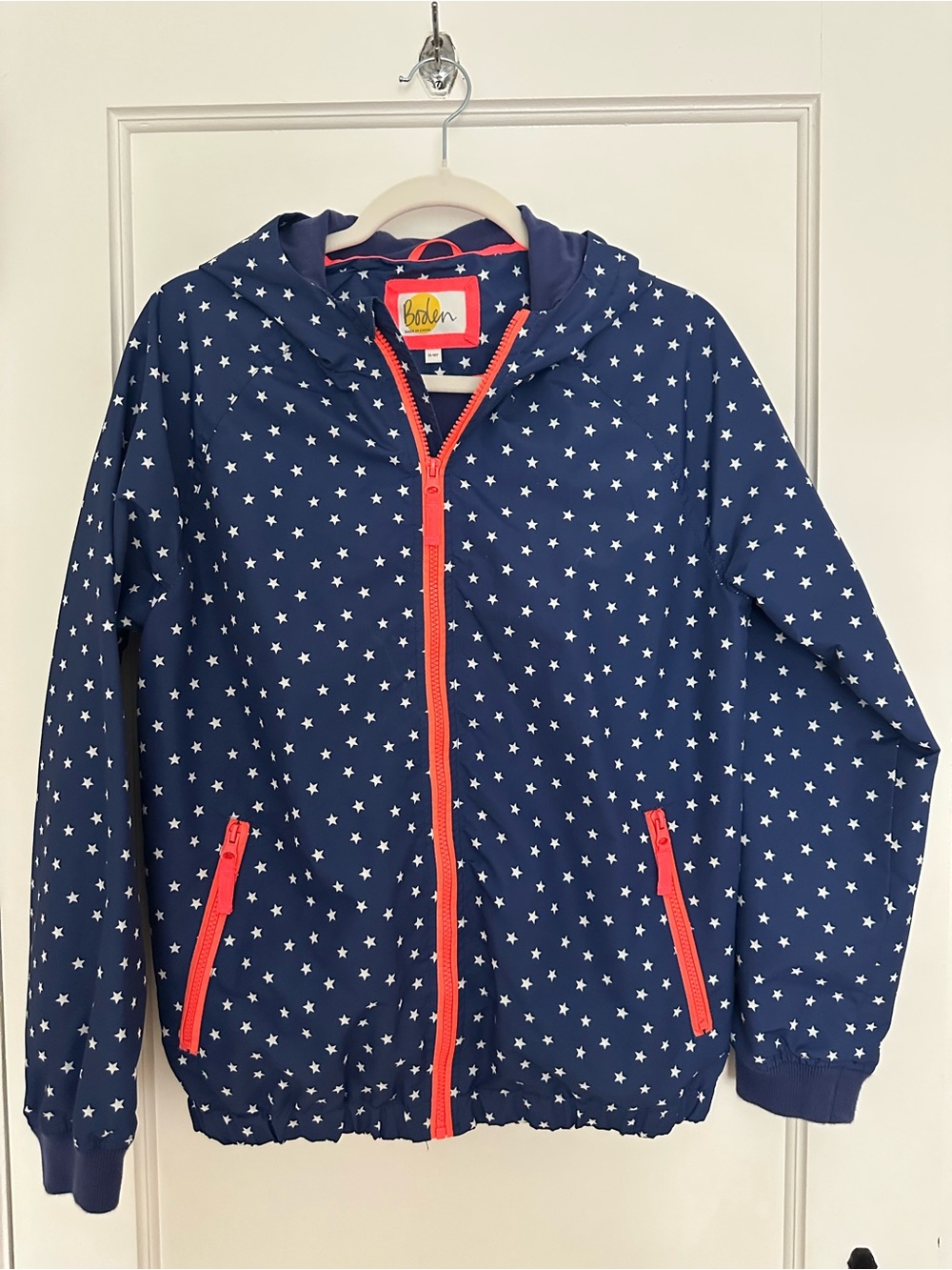 Boden Navy Star Print Hooded Jacket with Coral Zip
